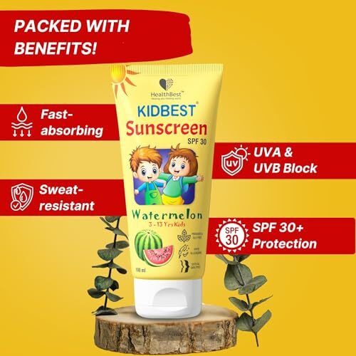 Healthbest Kids Watermelon Cooling Sunscreen Spf 30, Pa+++, 100 Ml - Vegan, Boosts Vitamin D Absorption, Prevents Tanning, Hydrates All Skin Types