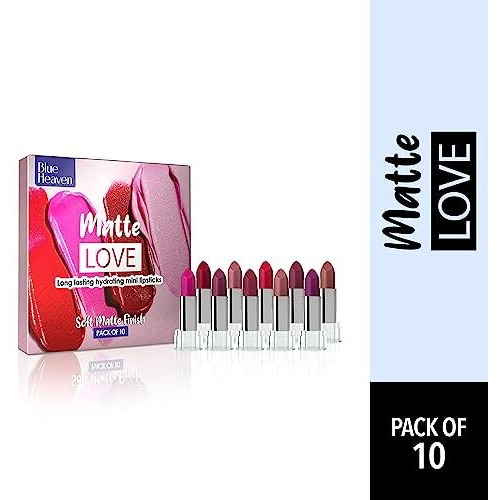 Blue Heaven Matte Love Mini Lipsticks Pack Of 10 | Long Lasting, Hydrating & Moisturizing Mini Roll On Lipsticks For Women | Soft-Matte Finish | 13G
