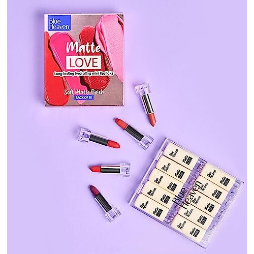 Blue Heaven Matte Love Mini Lipsticks Pack Of 10 | Long Lasting, Hydrating & Moisturizing Mini Roll On Lipsticks For Women | Soft-Matte Finish | 13G