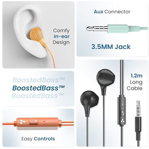 Ambrane Wired Earphones With Mic | 3.5Mm Audio Jack | 14Mm Driver For Hd Sound & Deep Bass | Tangle-Free 1.2M Cable | In-Ear Comfort Fit | Compatible With Mobiles, Tablets, Laptops, Pcs (Ep-83 Orange)