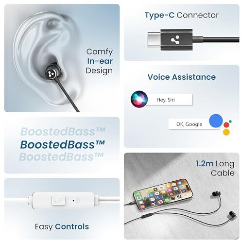 Ambrane Type-C Wired Earphones, 10Mm Bass Drivers, Inline Controls For Type C Smartphones, Iphone 15 & Laptop, 1.2M Braided Anti Tangle Wire With Mic For Clear Calling (Stringz 03, Black) - In Ear