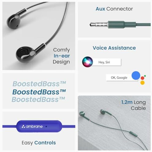 Ambrane Wired Headphones In Earphones With In-Line Mic For Clear Calling, 14Mm Dynamic Drivers For Boostedbass, 3.5Mm Jack, Multi-Functional Controller (Stringz 38 Lite, Blue)