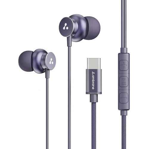 Ambrane Type C Wired In Ear Earphones With In-Line Mic For Clear Calling,1.2M Cable,10Mm Dynamic Drivers For Boostedbass,Control Buttons For Iphone 15,Samsung&Type C Devices (Stringz 38C, Purple)