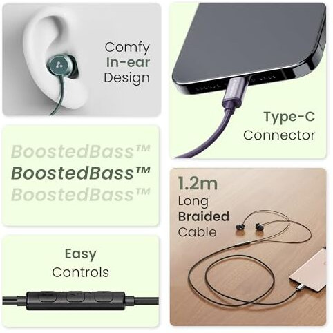 Ambrane Type C Wired In Ear Earphones With In-Line Mic For Clear Calling,1.2M Cable,10Mm Dynamic Drivers For Boostedbass,Control Buttons For Iphone 15,Samsung&Type C Devices (Stringz 38C, Purple)