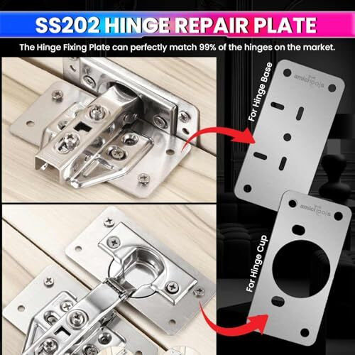 Amicitools Hinge Repair Plate Kit | Stainless Steel Door Hinge Reinforcement | Fix Loose Cabinet Hinges Quickly | 8 Pcs With Screws