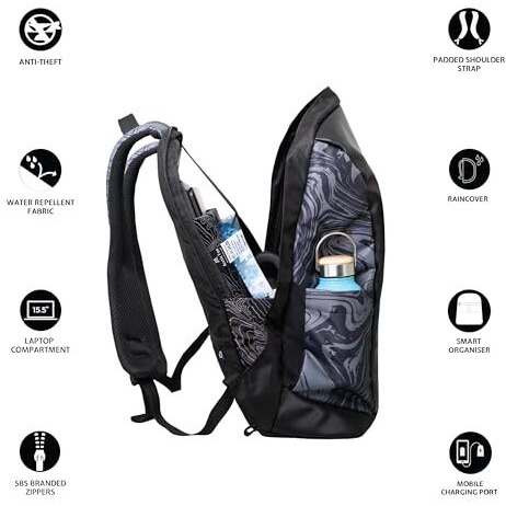 Arctic Fox Slope Anti-Theft Backpack (Marble Black) | 23 Ltr Capacity|Water Resistant | Multipurpose Backpack |Rain Cover| Trolley Sleeve 15.6 Inches Unisex Laptop Bag With Usb Charging Port