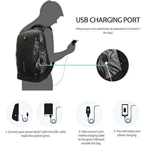 Arctic Fox Slope Anti-Theft Backpack (Marble Black) | 23 Ltr Capacity|Water Resistant | Multipurpose Backpack |Rain Cover| Trolley Sleeve 15.6 Inches Unisex Laptop Bag With Usb Charging Port