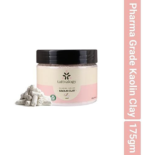 Tattvalogy Pharma Grade Kaolin Clay Powder | China Clay | White Clay | Vegan And Organic | Paraben Free | Reduces Acne, De Tan & Blackheads | Fack Pack | Hair Pack | In Glass Jar - 175 Gm