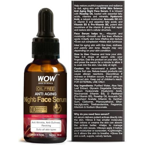 Wow Skin Science Anti Aging Night Face Serum - Oil Free - Anti Wrinkle, Anti Dullness, Reviving - No Parabens, Silicones & Color - 50Ml