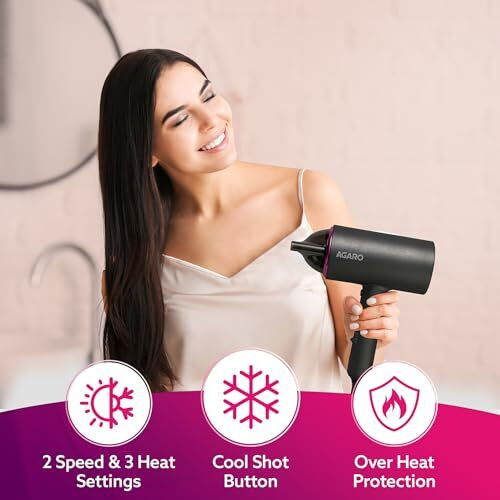 Agaro Hd-1214 Premium Hair Dryer With 1400 Watts Motor, 3 Temperature Settings & Cool Shot Button- Black