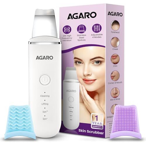 Agaro Ultrasonic Facial Skin Scrubber For Wet Skin,Blackheads Remover And Facial Pores Cleaner With 4 Modes,Stainless Steel Spatula,Rechargeable,White,Facial Cleansing Tool