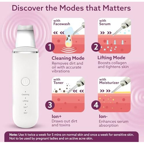 Agaro Ultrasonic Facial Skin Scrubber For Wet Skin,Blackheads Remover And Facial Pores Cleaner With 4 Modes,Stainless Steel Spatula,Rechargeable,White,Facial Cleansing Tool