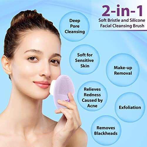 Agaro Cb2105 Facial Cleansing Brush, 2-In-1 Soft Bristle & Silicone Facial Cleansing Brush For Exfoliation & Deep Pore Cleansing, Suitable For Sensitive, Delicate And Dry Skin, Purple