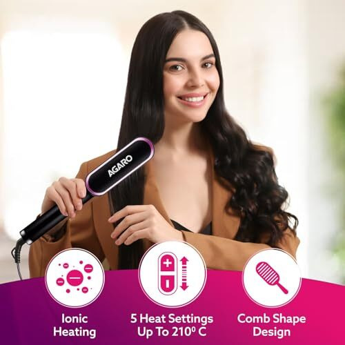 Agaro Hair Straightening Brush, Hair Straightening Comb For Women, Fast Heating, Ionic Care, 5 Heat Settings, Hair Straightener, Hot Brush, Gives Naturally Straight Hair In 5 Mins, Black, Hsb2107