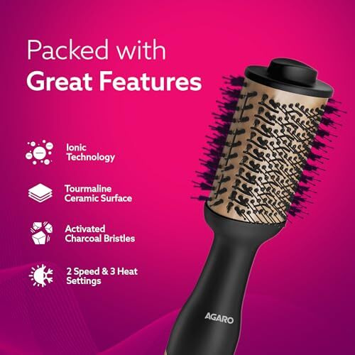 Agaro Hv2179 Hot Air Brush For Hair, Blow Dryer Brush, Volumizer & Styler, 360 Airflow Vent, Oval Barrel For Hair Volume, Charcoal Bristles, Ceramic Coating Brushing Head, 1200W, Gold & Black