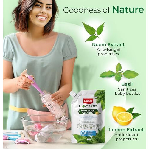 Luvlap Plant Based Liquid Cleanser, Refill Pack- 1000Ml, With Neem, Lemon & Basil, For Feeding Accessories, Toys, Fruits & Vegetables, 100% Food Grade, Free From Bleach & Sls