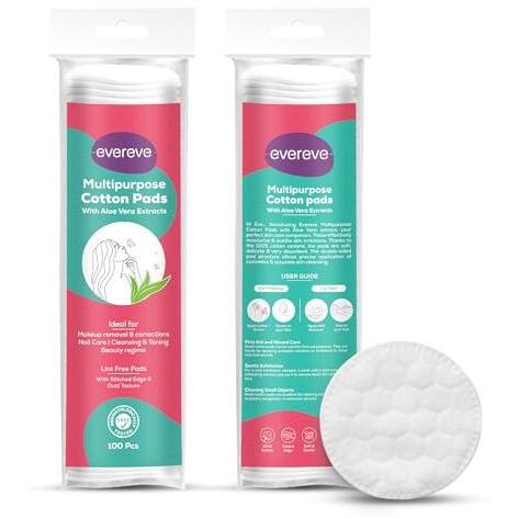 Evereve Multipurpose Cotton Pads, 200 Pcs, 100% Cotton, With Aloe Vera Extracts, Embossed, Double Sided, For Skin Cleaning, Eye & Face Makeup Removal, Nail Polish Removal, Pack Of 2 (100's Each)