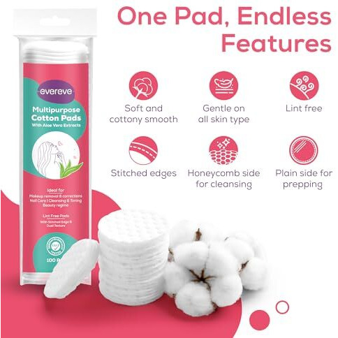 Evereve Multipurpose Cotton Pads, 200 Pcs, 100% Cotton, With Aloe Vera Extracts, Embossed, Double Sided, For Skin Cleaning, Eye & Face Makeup Removal, Nail Polish Removal, Pack Of 2 (100's Each)