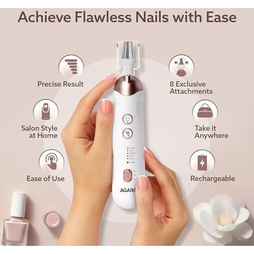 Agaro Prima Nail Drill & Polisher, Professional Nail Care At Home, Electric Nail Polisher, Manicure & Pedicure, Shape, Trim & Polish, 5 Speed, 8 Attachments, Rechargeable With Type C, Women, Men