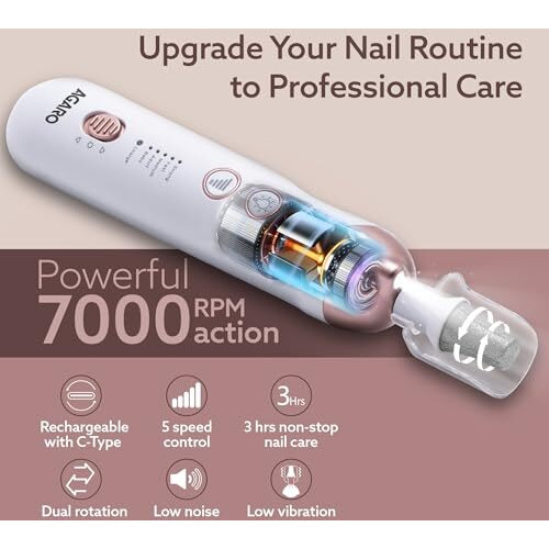 Agaro Prima Nail Drill & Polisher, Professional Nail Care At Home, Electric Nail Polisher, Manicure & Pedicure, Shape, Trim & Polish, 5 Speed, 8 Attachments, Rechargeable With Type C, Women, Men