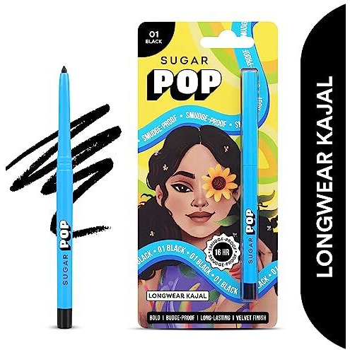 Sugar Pop 16Hr Longwear Kajal | Waterproof & Smudge-Proof | Intense Matte Finish | Sunflower Seed Oil & Vitamin E | Velvet Smooth Application | Transfer-Proof | 0.3Gm - Black