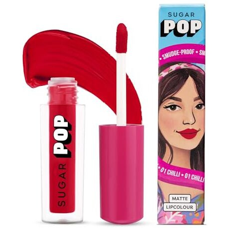Sugar Pop Matte Lipcolour | Lasts Upto 8 Hrs L Red Lipstick For Women L Vitamin E Infused | Non-Drying, Smudge Proof, Long Lasting | 1.6Ml - 01 Chilli (Cherry Red)