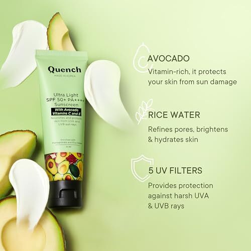 Quench Botanics Bravocado Sunscreen Spf 50+ Pa++++ Korean Sunscreen With Vitamin E & Avocado,No White Cast Lightweight & Non-Sticky, Uva & Uvb Protection For Women & Men (50Ml) All Skin Type