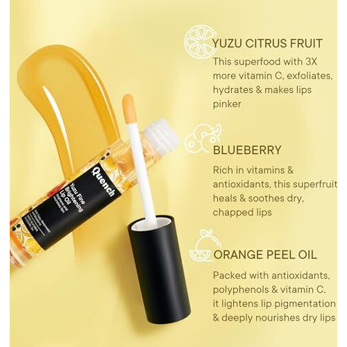 Quench Brightening Korean Lip Oil With Yuzu Vitamin C (Transparent) | Reduces Lip Pigmentation & Lightens Dark Lips | Non-Sticky, Non-Greasy Lip Balm | Made In Korea (5Ml)
