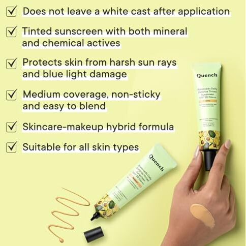 Quench Botanics Quench Daily Defense Tinted Sunscreen Spf 50 Pa+++ For Glowing Skin With Avocado & 2% Niacinamide Blue Light Protection Satin-Matte Finish Made In Korea Medium, 50Ml | For Normal Skin