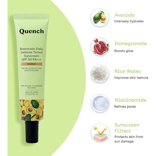 Quench Botanics Quench Daily Defense Tinted Sunscreen Spf 50 Pa+++ For Glowing Skin With Avocado & 2% Niacinamide Blue Light Protection Satin-Matte Finish Made In Korea Medium, 50Ml | For Normal Skin