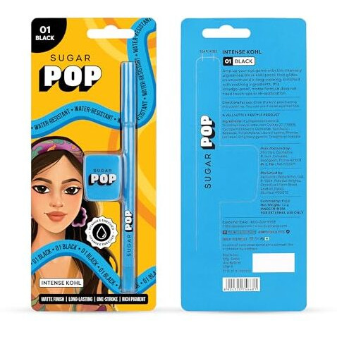 Sugar Pop Intense Kohl | Water-Resistant | Enriched With Vitamin E | Smudge-Proof | Creamy Texture | Kajal With Sharpner | 1.2 Gm - 01 Black