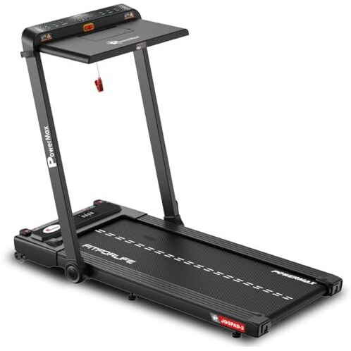 Powermax Fitness Jogpad-3 (4Hp Peak) Motorized 2 In 1 Under Desk Treadmill For Home Workout | Walkingpad | Remote Control, Max User 110Kg, Top Speed 12 Kmph, Led Display, Bluetooth,Speaker,Ipad Holder