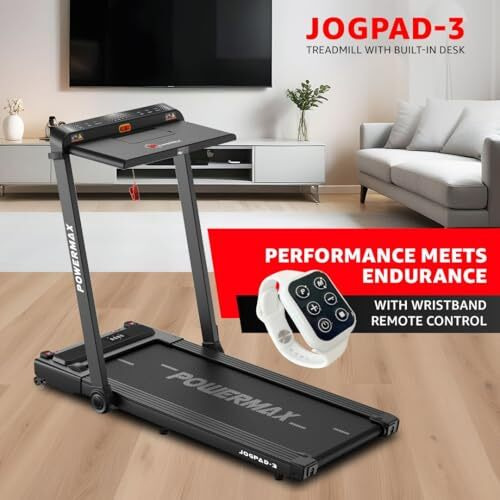 Powermax Fitness Jogpad-3 (4Hp Peak) Motorized 2 In 1 Under Desk Treadmill For Home Workout | Walkingpad | Remote Control, Max User 110Kg, Top Speed 12 Kmph, Led Display, Bluetooth,Speaker,Ipad Holder
