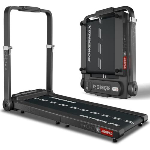 Powermax Fitness Jogpad (4Hp Peak) Motorized Foldable Treadmill For Home Use With Handle, Remote Control, Max User 110Kg, Top Speed 12Kmph, Running Deck 1080Mmx400Mm, Bluetooth, Speaker, Mobile Holder
