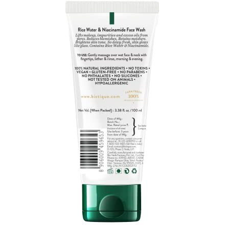 Biotique Rice Water & Niacinamide Gel Face Wash Removes Excess Oils & Reduce Blemishes Of The Skin | Glass Skin | For Men & Women - 100Ml