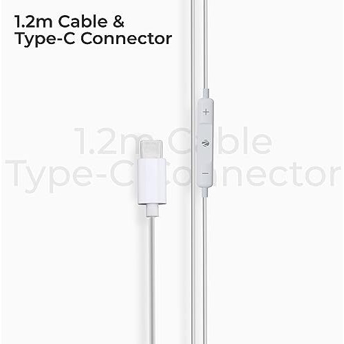 Zebronics Buds 30C Type- C In Ear Earphone With In-Line Mic, Rich 14.2Mm Driver, Volume Control, 1.2M Cable, Call Function (White)