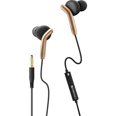 Zebronics Bro 3.5Mm Wired In Ear Earphones, In-Line Mic, Deep Bass, 1.2M Strong And Long Lasting Cable, Light Weight, Compatible With Mobile | Tablet | Laptop (Black + Gold)