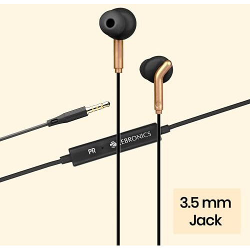 Zebronics Bro 3.5Mm Wired In Ear Earphones, In-Line Mic, Deep Bass, 1.2M Strong And Long Lasting Cable, Light Weight, Compatible With Mobile | Tablet | Laptop (Black + Gold)
