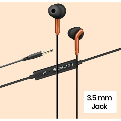 Zebronics Bro 3.5Mm Wired In Ear Earphones, In-Line Mic, Deep Bass, 1.2M Strong And Long Lasting Cable, Light Weight, Compatible With Mobile | Tablet | Laptop (Orange)