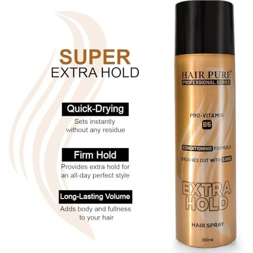 Hair Pure Extra Hold Hair Spray | Quick Drying | Long Lasting Hold | No Flaking | Natural Shine | Non-Sticky | Easy Wash Off | Pro Vitamin B5 | Conditioning Formula (250Ml)