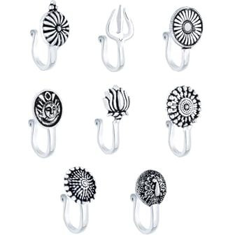 Yellow Chimes Beautiful Classic Designs Non- Piercing 8 Pcs Combo By Yellow Chimes Nose Ring For Women (Oxidized Silver) (Yctjnp-01Oxd8Ps-Sl)