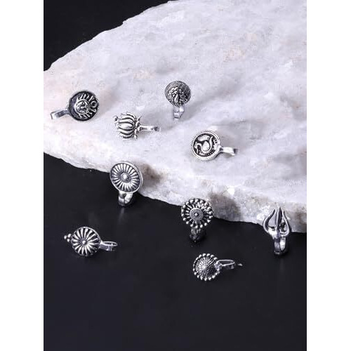 Yellow Chimes Beautiful Classic Designs Non- Piercing 8 Pcs Combo By Yellow Chimes Nose Ring For Women (Oxidized Silver) (Yctjnp-01Oxd8Ps-Sl)