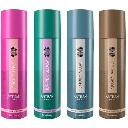 Ajmal Artisan Orchid Love, Juniper Bloom, Smoky Musk, And Musky Wood Deodorant Perfume 150Ml Each - Unisex Pack Of 4