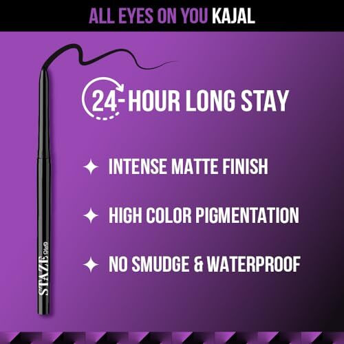 Staze 9To9 All Eyes On You Pencil Kajal | Smudgeproof, Waterproof & 24Hrs Long Stay | One Stroke Smooth Glide | Ultra-Pigmented Intense Black Matte Finish | 01 Blackest Black | 0.3G