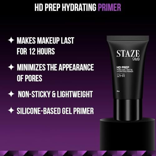 Staze 9To9 Hd Prep Hydrating Primer | For Smooth & Flawless Base | Blurs Pores, Fine Lines & Wrinkles | Waterproof Makeup Base | 12H Longlasting | Suitable For All Skin Types | 30 G