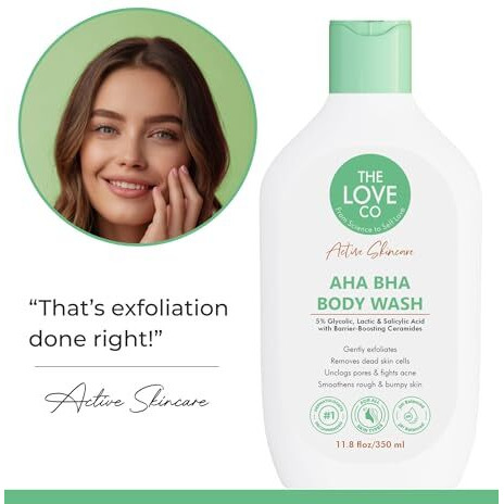 The Love Co. Aha Bha Body Wash | 5% Glycolic, Lactic & Salicylic Acid | Gently Exfoliates, Fights Acne & Unclogs Pores | With Barrier-Boosting Ceramides | Sulphate-Free | Unisex | 350Ml