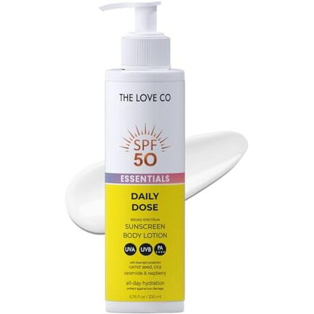 The Love Co Spf50 Sunscreen Body Lotion - Pa++++ Uva Uvb Protection | Daily Moisturizer With Carrot Seed, Niacinamide & Ceramide | Lightweight, Non-Greasy, Quick Absorbing | Paraben-Free | For All Skin Types | 200Ml