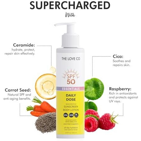 The Love Co Spf50 Sunscreen Body Lotion - Pa++++ Uva Uvb Protection | Daily Moisturizer With Carrot Seed, Niacinamide & Ceramide | Lightweight, Non-Greasy, Quick Absorbing | Paraben-Free | For All Skin Types | 200Ml