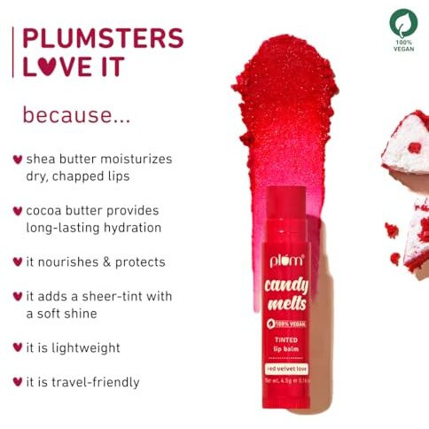 Plum Candy Melts Red Velvet Love Tinted Lip Balm | Moisturizes & Nourishes | Hydrates Dry & Chapped Lips | 100% Vegan | 4.5G