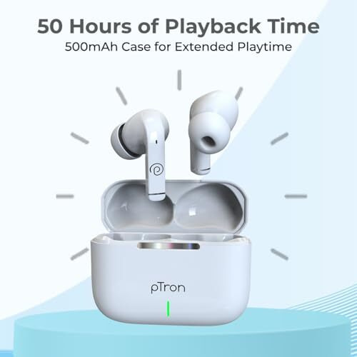 Ptron Basspods P251+ In-Ear Tws Earbuds With 50H Playtime, 12Mm Drivers, Trutalk Ai-Enc Calls, Hd Mic, Movie Mode, Touch Controls, Bluetooth 5.1 Wireless Headphones, Type C Fast Charging & Ipx4(White)